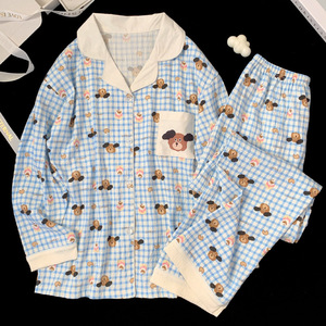 Pyjama long à manches longues pour femme <span class=keywords><strong>Cloud</strong></span> Soft, automne, mignon, motif à carreaux, vêtements de maison, ensemble, col en V, vente en gros - Product Image 4