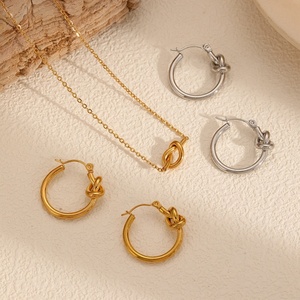 Unique Hoop Earrings Wholesale Stainless Steel Geometric Knotted Necklace and <b>Huggie</b> Earrings Jewelry Set - Product Image 1