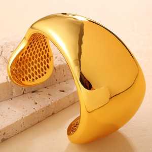 European American Trendy Gold Wide <b>Bangle</b> <b>Copper</b> Plated 18K Fashionable Open Cuff Bracelet For Women Party Jewelry - Product Image 1