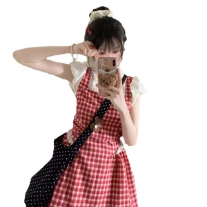 French Preppy Style Red Plaid <b>Dress</b> For Women <b>Elastic</b> Waist Peter Pan Collar Short Skirt Breathable Daily Casual Wear - Product Image 5