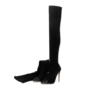 High-end Ladies High Heel Over Knee Rivets Stud Boots Pull on Thigh High Boots Women Suede Stretch Stiletto <b>Shoes</b> Long Boots - Product Image 5