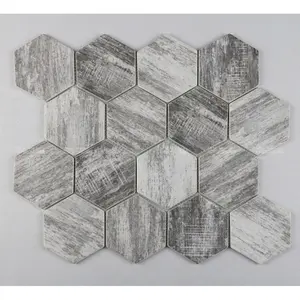 Foshan Factory Cheap Price Eco-Friendly Wall Inkjet Printed Marble Look Grey Hexagon Mosaic Recycled Glass Tile Backsplash