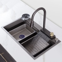 Évier de cuisine en acier inoxydable Nano Gunmetal SS 304, robinet multifonctionnel à cascade, évier de cuisine avec cascade