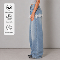 Jeans tissés pour filles en gros, jeans patchwork en dentelle, jeans streetwear pour femmes, jeans baggy pour femmes, jeans denim baggy extensibles, délavage bleu clair