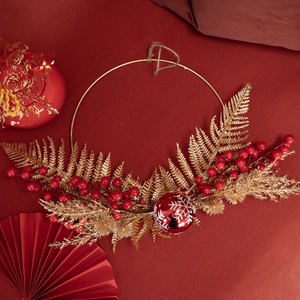 CallaFloral Christmas <b>Wreath</b> Red Berries Gold Ferns Plastic Decorative Garland Holiday Ornament 12 In - Product Image 1