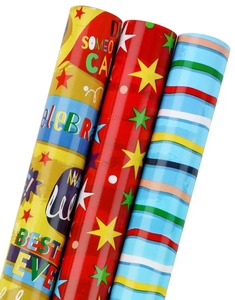 Celebration Theme Eco-Friendly Wrapping <b>Paper</b> <b>Roll</b> Red Yellow <b>Blue</b> Stars Stripes Double Side Coated Recyclable Gift Packaging - Product Image 1