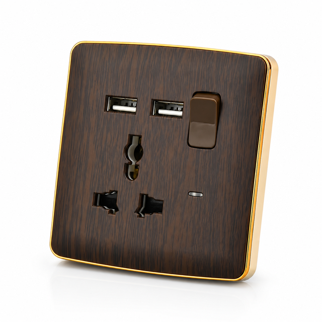 UK Standard Wood Grain 13A Multi-Function Wall Socket with 2 USB, British Standard Durable Electrical Wall Outlet