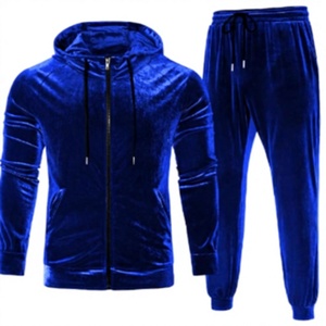 <b>Men</b> Blue <b>Velour</b> Hooded Zip Up <b>Tracksuit</b> Set Long Sleeve Sweatshirt and Pants Casual Solid Two Piece Outfit - Product Image 1