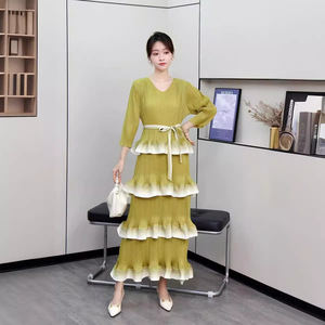Robe de soirée plissée longue à <span class=keywords><strong>col</strong></span> <span class=keywords><strong>marin</strong></span> pour femme, style Miyake, luxueuse, à manches longues, avec volants, inspirée de la mode coréenne - Product Image 3