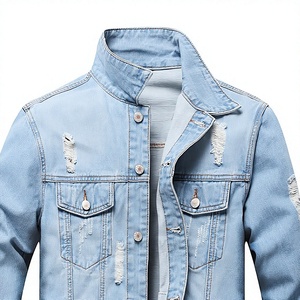Chaqueta de Mezclilla Azul Claro para Hombre, Estilo Desgastado, Cuello Alto, Cierre de Botones, Manga Larga, Casual, con Rasgaduras en la Parte Delantera, Forro de Algodón, para Primavera y Otoño - Product Image 4