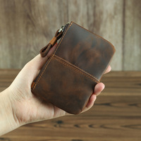 Dompet koin kulit kuda gila Retro dompet kecil kulit asli tas uang kecil kunci ritsleting pendek Mini untuk pria dan wanita