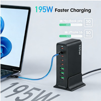 Chargeur rapide TKT 195W 8 ports QC3.0/QC4.0/PD certifié MFI/CE/FCC pour ordinateurs portables et appareils mobiles - Ports Type-C Chargeur ignifuge ABS/PC