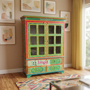 Antique Look Reclaimed Recycled Mango Wood <b>Green</b> Hand Painted Wardrobe Almirah <b>Cabinet</b> with Glass Fitted For Living Room Hotel - Product Image 4