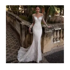 Direct selling Long Sleeve fishtail wedding dress bride simple deep V Collar backless trip shoot small trailing soft veil