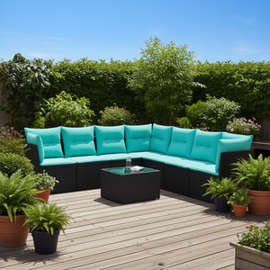 Conjunto de Sofás de Patio de Ratán Sintético Negro Moderno con Cojines, Muebles de Exterior para 8 Personas, Diseño Contemporáneo - Product Image 2