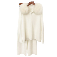 Ensemble Deux Pièces de Luxe en Tricot de Laine pour Femme, Pull à Col Montant, Pantalon en Véritable Fourrure de Renard, Motif Uni, Décontracté pour Tenue Automne/Hiver