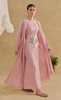 Ensemble Abaya en Lin Rose Modeste Premium 2026 – Cardigan Ouvert Oversize, Robe Longue Imprimée Colorée avec Ceinture, Tenue Formelle Islamique Grande Taille