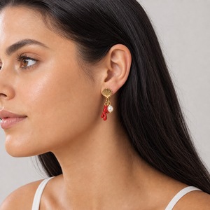 Boucles d'oreilles pendantes en forme de coquillage et de perle, en acier inoxydable, imitation perle, émail rouge, motif branche, bijoux à clous - Product Image 2