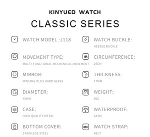 Montre mécanique pour homme KINYUED, mouvement automatique, bracelet en cuir, phase de lune, étanche 3BAR, affichage du calendrier hebdomadaire - Product Image 4