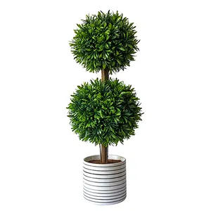 ประดิษฐ์Buxus Faux Boxwood Topiaryต้นไม้ตกแต่งคริสต์มาสอุปกรณ์หญ้าสองBallเหมือนจริงกระถางตกแต่งต้นไม้