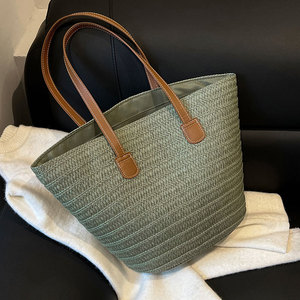 Women's <b>straw</b> <b>bags</b>, large capacity, new style, vacation beach <b>straw</b> <b>bags</b>, woven vegetable baskets, commuter tote bucket <b>bags</b> - Product Image 2