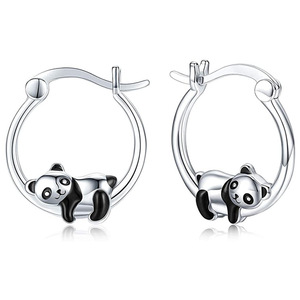 Orecchini a Cerchio con Panda in Argento 925 Placcato Oro Bianco, Gioielli Carini da Donna per Uso Quotidiano - Product Image 1