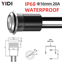 Interruptor de botón pulsador LED de latón y acero inoxidable de 16 mm, IP68, impermeable, 20A 250V, alta corriente, con retención y momentáneo, bola plana