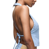 Top Halter en Denim Bleu Clair pour Femmes, Sexy, Style Y2K, Bretelles Ajustables, Design à Cordon, Respirant, 100% Coton, Non Élastique