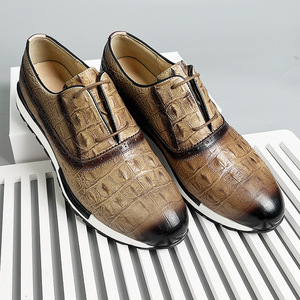 Genuine Leather Crocodile Print Oxfords <b>Men</b> Round Toe Lace-up Height Increasing Office <b>Dress</b> Shoes All Seasons Rubber Sole - Product Image 1