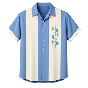 Chemise à panneaux verticaux bleu et blanc moderne, design graphique minimaliste, manches courtes, chemise décontractée streetwear - Product Image 1