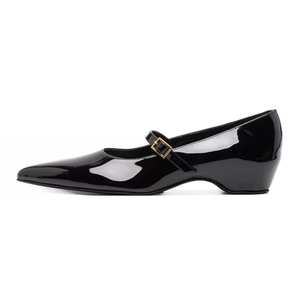 Sandales à talons compensés bas pour femmes, à bride moyenne, en cuir verni, talons carrés classiques, à boucle, escarpins à bout pointu - Product Image 2