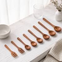 Ensemble cuillère et fourchette en bois d'acacia naturel, couverts de table, ustensiles de cuisine, cuillère à mélanger, cuillère à salade, cuillère à café, cuillère à sucre, fourchette à dessert