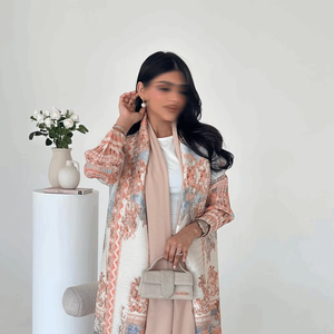 Elegante Poncho Abierto con Bordado Floral Rosa Vintage, Antiarrugas, para Mujeres Musulmanas, Textura de Lujo, Manga Farol, Abrigo Largo - Product Image 1