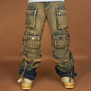 Oem Retro Denim <span class=keywords><strong>Jeans</strong></span> Ksubi <span class=keywords><strong>Jeans</strong></span> Factory Custom Streetwear Straight Loose Fit Verbleekte Vintage Gedragen Multi-Pocket <span class=keywords><strong>Jeans</strong></span> Heren - Product Image 1