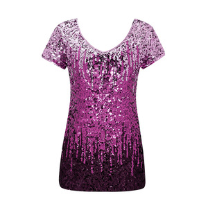 Wholesale New <strong>Glitter</strong> Women's T-shirt Sequined Casual Custom V-neck <strong>Green</strong> Sequins <strong>Tops</strong> - Product Image 6