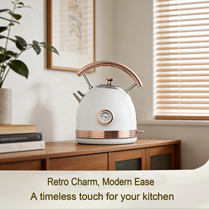 Bouilloire électrique <span class=keywords><strong>sans</strong></span> fil rétro 1,7 L en acier inoxydable 2200W à ébullition rapide avec thermomètre et arrêt automatique (Blanc/Doré) pour usage hôtelier - Product Image 2