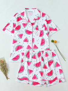 European American Cross Border New Summer <b>Cardigan</b> Pajamas Fashion Fruit Print Casual Short Sleeve Shorts Homewear Set Women - Product Image 6
