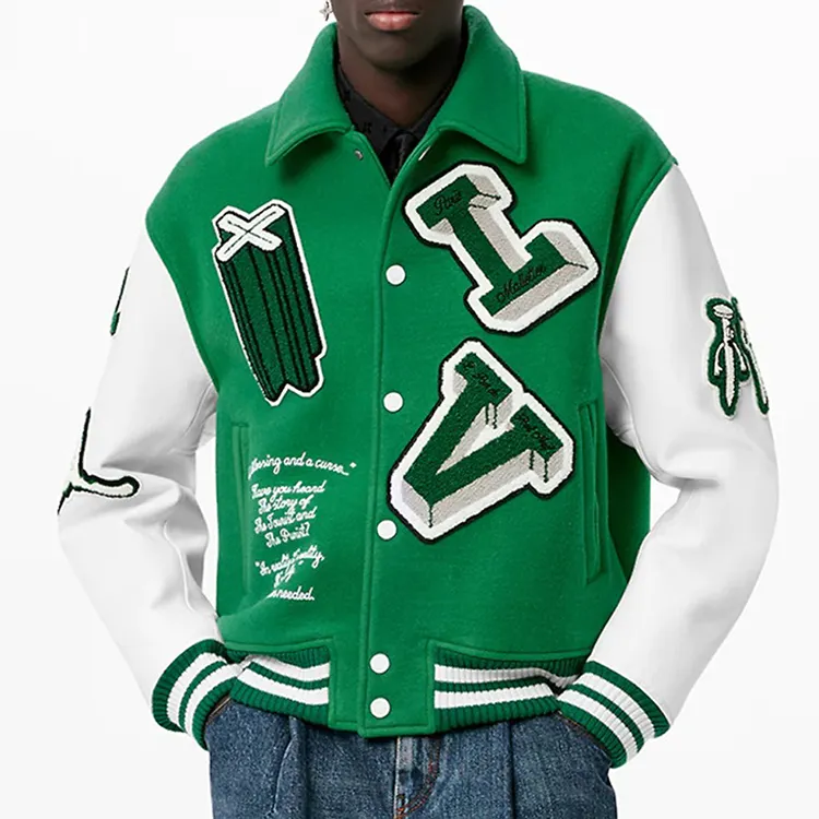 Customized Streetwear Chenille Embroidery Letterman Winter Windbreaker Men's Leather Baseball Varsity Jacket
