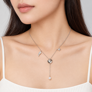 Collier Lariat Perle Céleste en Acier Inoxydable avec Breloques Imitation Perle, Aile d'Étoile et Coquillage Or et Argent - Product Image 5