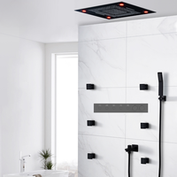 Ensemble de douche mural moderne noir laqué laiton avec système de douche pluie LED, mitigeur thermostatique en céramique pour salle de bain complète, 6 fonctions
