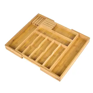 竹银器抽屉收纳器厨房、可扩展餐具架和餐具收纳器厨房托盘，带分隔器