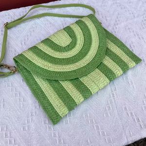Designer Stripe Paper Straw Cosmetic Bag Shoulder Straw Clutch With Wristlet Woven <strong>Beachbag</strong> - Product Image 3