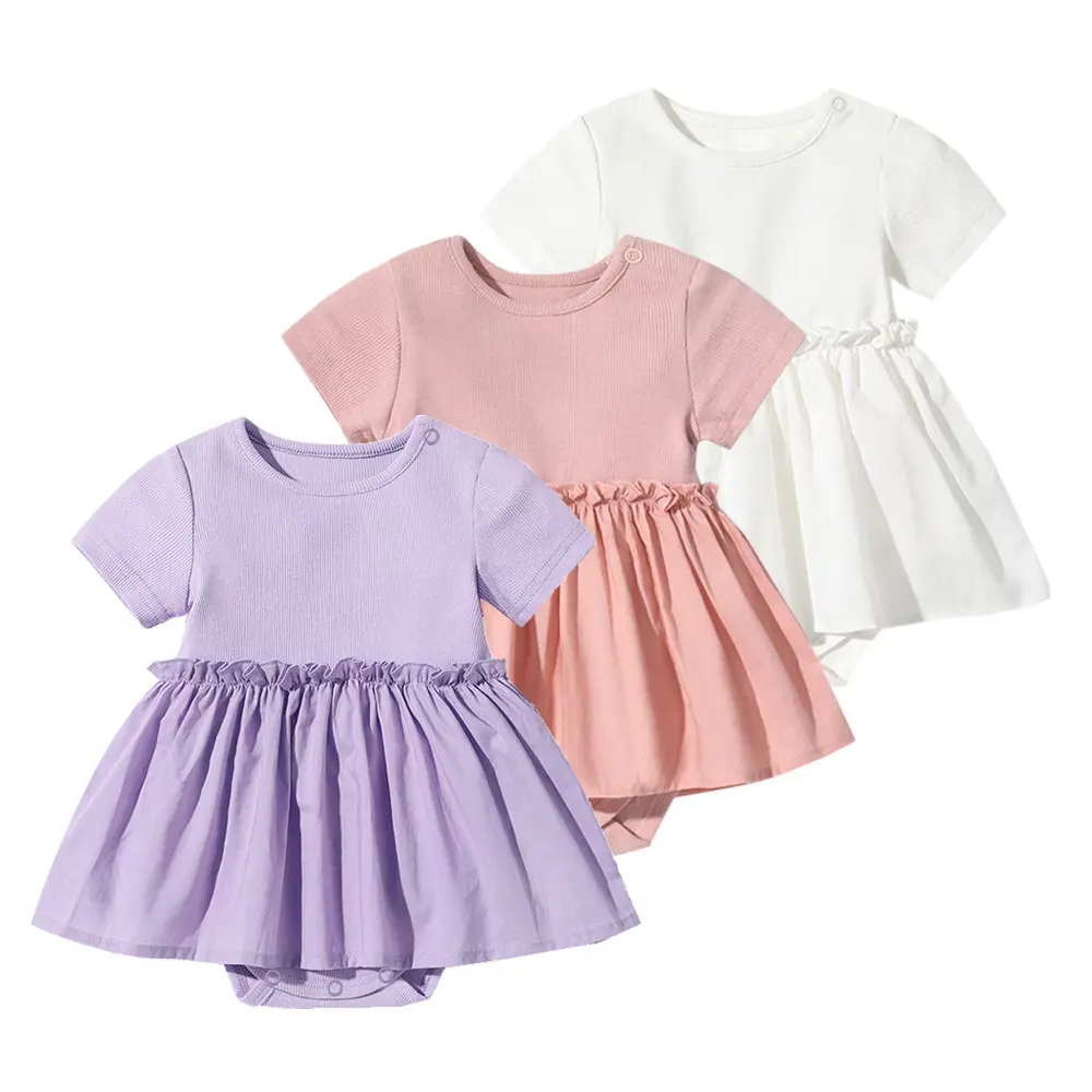 Toptan yaz kızların butik düz renk % 100% pamuk bebek yenidoğan doğum günü giyim bebek kız Romper elbise