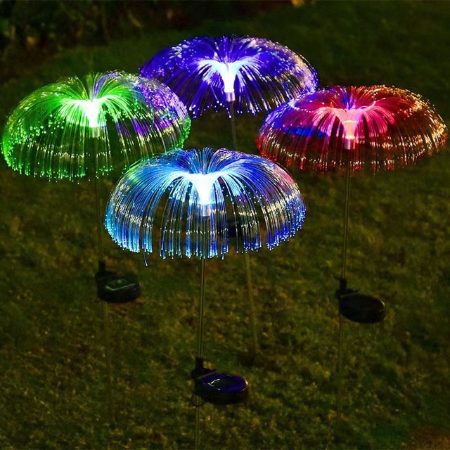 Kanlong IP44 7 Colors Changing LED Fiber Optical Jellyfish Solar Stake Light Outdoor Garden Lawn Decor Lamp