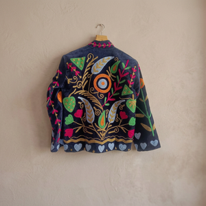 Veste pour femme en velours tricoté réversible avec broderie florale Suzani faite à la main, doublure en coton, hiver, Midnight Garden - Product Image 3