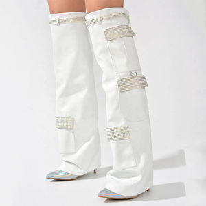 Bottes hautes pour femmes avec diamants, motif camouflage, talons fins, coupe large, bottines longues, chaussures d'hiver à talons aiguilles tendance - Product Image 3