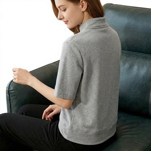 Women's Gray Short Sleeve <b>Zip</b>-<b>Up</b> Stand Collar Sweatshirt Knitted Cotton Blend Solid Color Breathable Spring Casual Top - Product Image 6