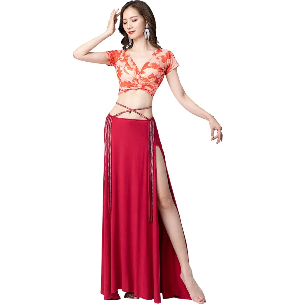 Professional Cross V-neck Mesh Top dress costumes set for belly dance perform