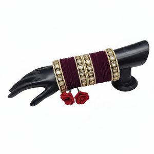 Jewelemarket <b>Gold</b> Plated Maroon Ethnic Kundan Stone and Black Pearl Velvet <b>Bangles</b> and Elegant Pearl Bracelets <b>Set</b> - Product Image 2