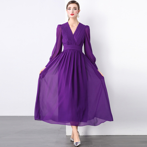 Droma Prêt à Expédier Mode Violet Jupe Plissée Manches Longues Col en V Robe pour Femmes Élégante Robe de Soirée Longue - Product Image 3